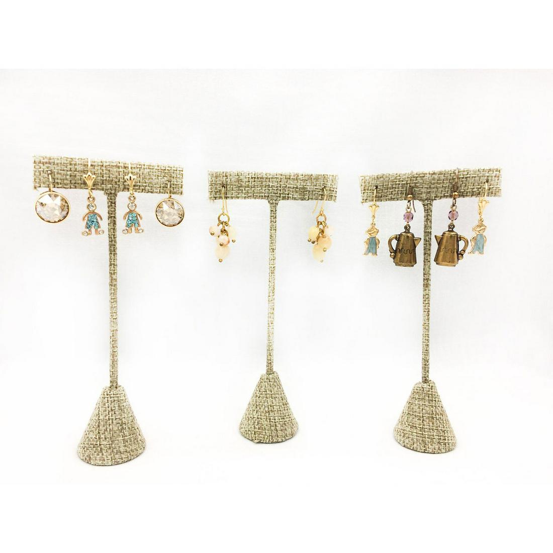 5 PAIRS OF GOLD PLATED AND COLORED EARRINGS: Five charming and interesting pairs of gold tones earrings. The lengths are 1.75"L, 1.5"L, 1.25"L, 1.25"L and 1"L. The total weight of all five pairs is 23.9g. Issued: 20th c. Provenance: David Farin 
