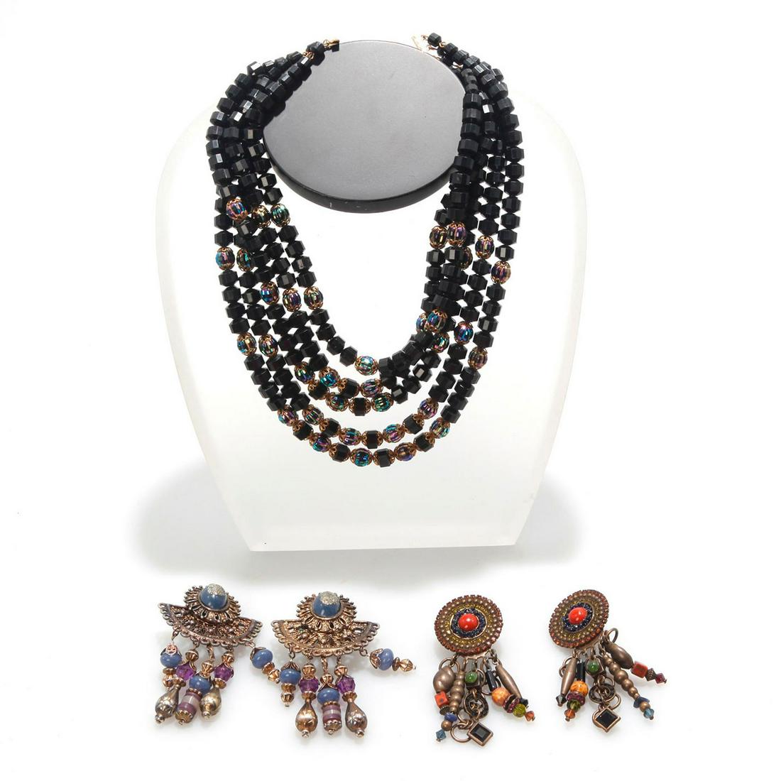 VINTAGE BEADED 5 LAYER NECKLACE, 2 PAIRS EARRINGS (1 of 4)