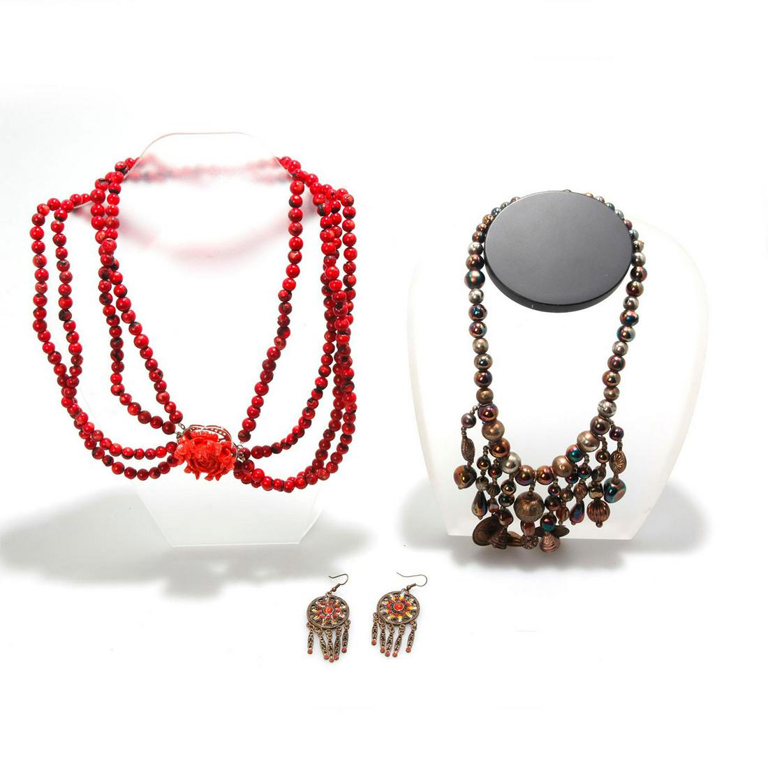 2 BEADED NECKLACES, RED AND GOLD PRISM, 1 PAIR EARRINGS (1 of 5)