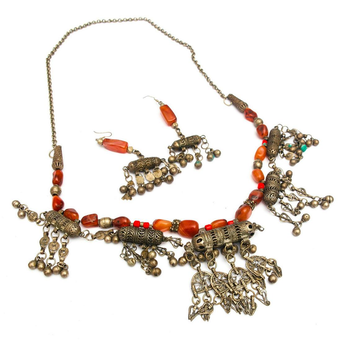 2 BEDOUIN SILVER AND CARNELIAN NECKLACES, 1 PR EARRINGS (1 of 6)