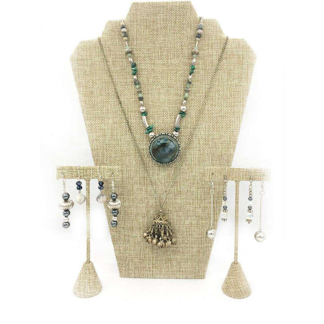 4 PAIRS SILVER TONE EARRINGS, 1 NECKLACE (1 of 2)