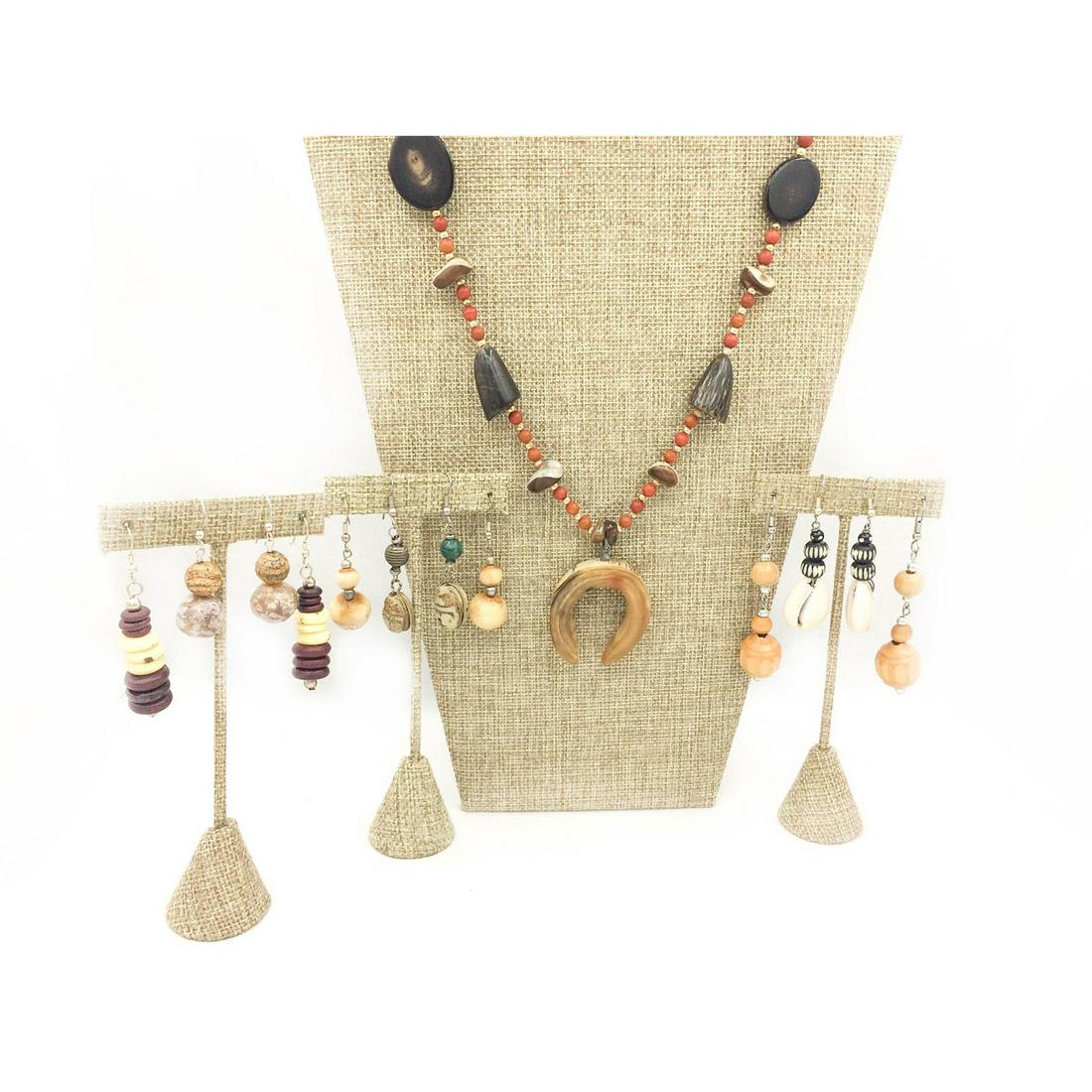 6 NATURAL STONE, WOOD AND SHELL EARRINGS, 1 NECKLACE (1 of 2)