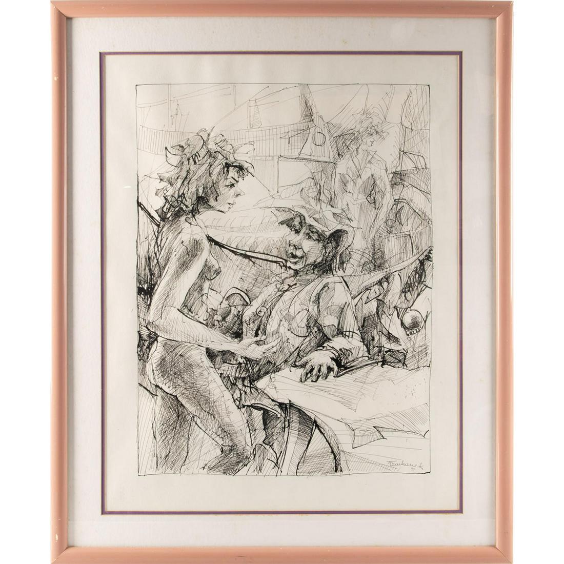 ABSTRACT MIXED MEDIA DRAWING, MAN AND WOMAN, SIGNED (1 of 4)