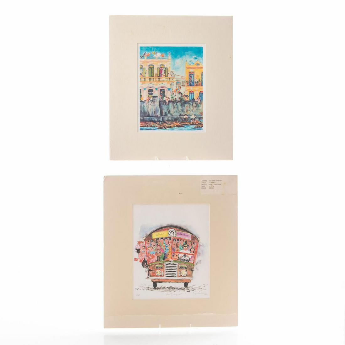 TWO PRINTS BY AGUSTIN GAINZA, SCENES OF LIFE IN CUBA: Two colorful unique portrayals of life in Cuba. Both signed. Print of folks on a bus titled La Guagua and a scene of a wall at a seaside village edge titled El Malecon. Issued: 20th c. Dimensions: 16"