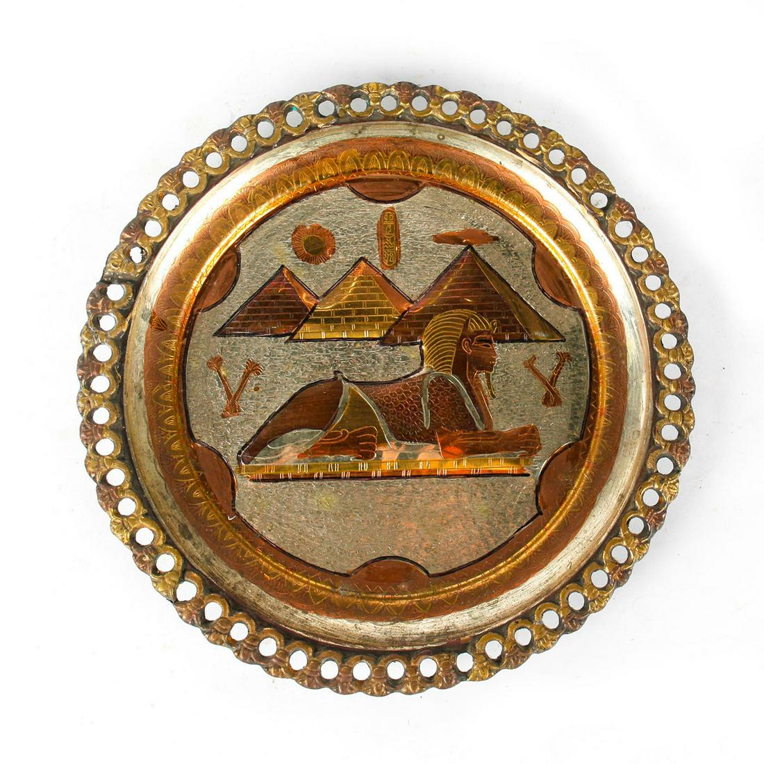 ANTIQUE BRONZE WALL PLATE, EGYPTIAN SPHINX AND PYRAMIDS (1 of 3)