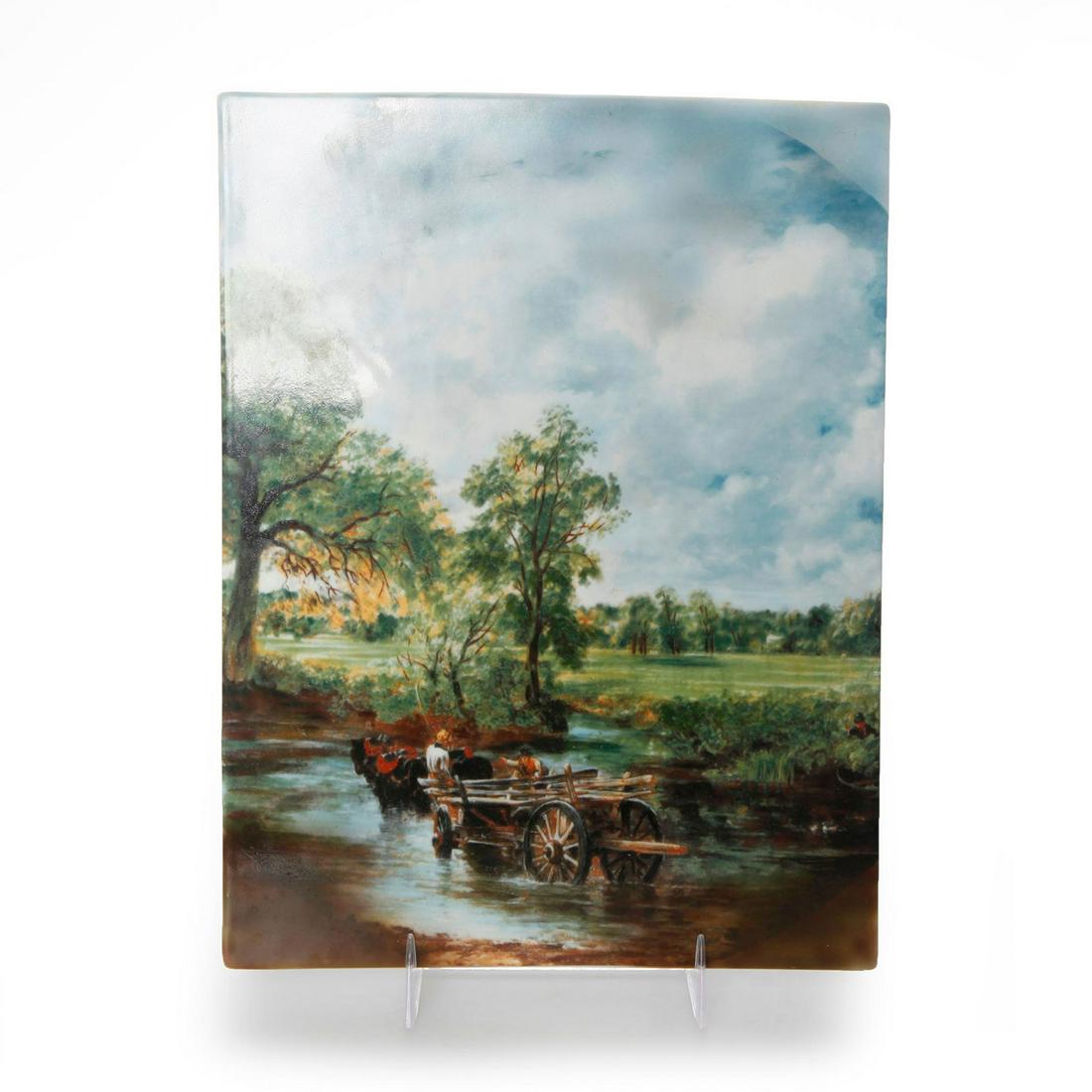 HAND DECORATED CERAMIC WALL PLAQUE, JOHN CONSTABLE: The Hay Wain 1776-1837. Issued: 20th C. Dimensions: 9.5" H x 7" W