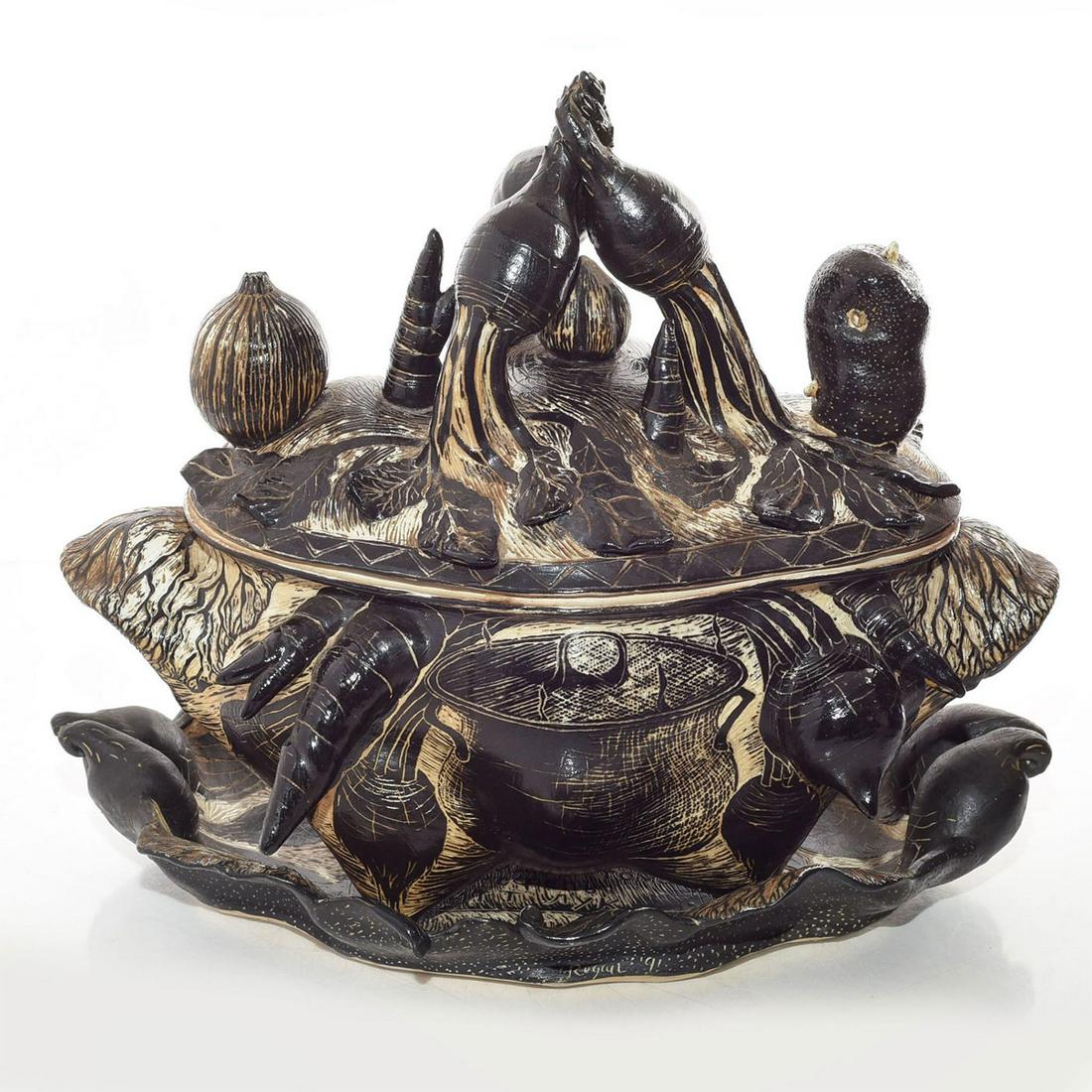 ELABORATE CERAMIC BORSCHT TUREEN BY ARTIST DAVID REGAN: Large incised glazed white ceramic, with naturalistic motifs. An intricately decorated, two-handled tureen with separate lid and platter. Profuse decorations of root vegetables, including carrots, rad