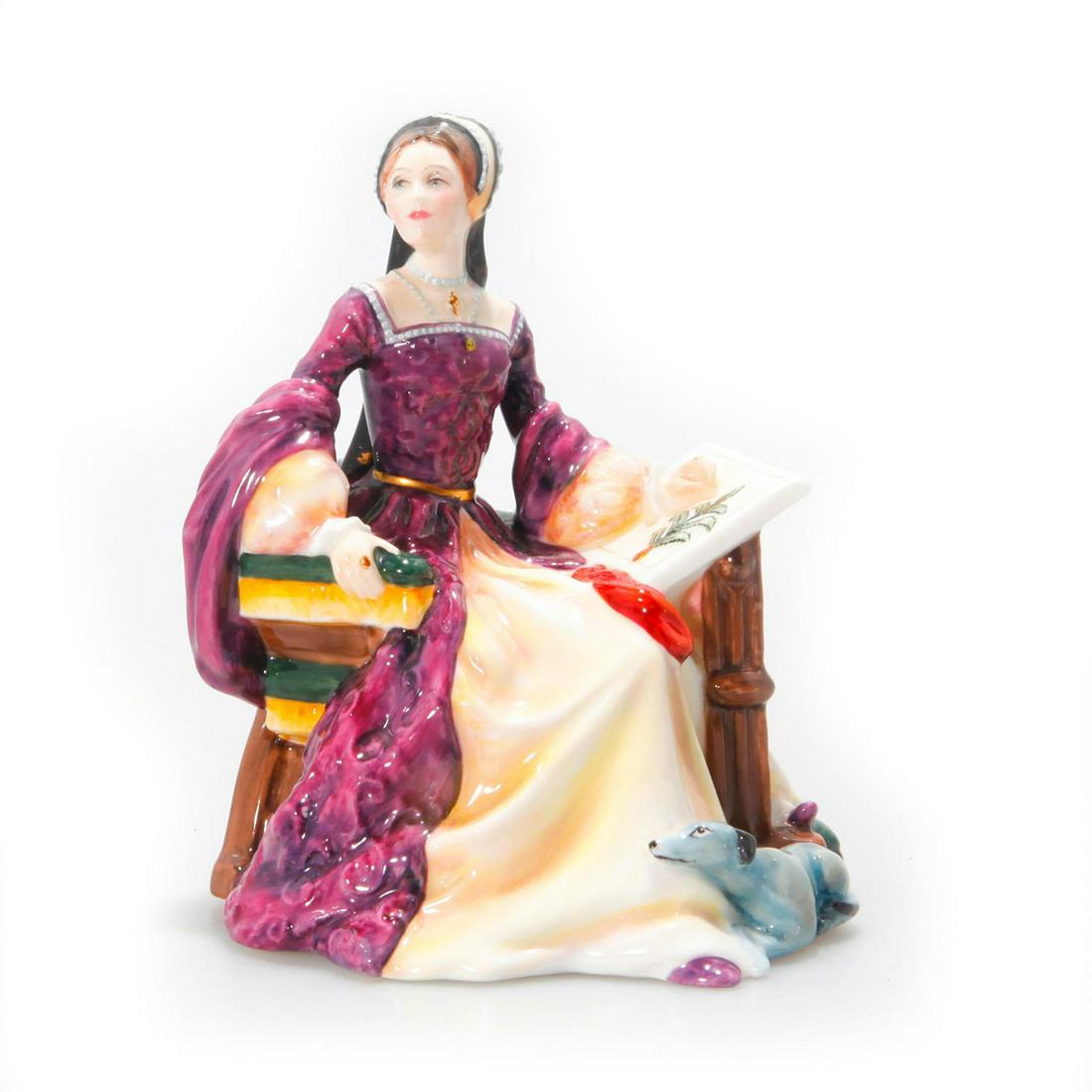 ROYAL DOULTON FIGURINE, MARY TUDOR HN3834: Limited edition Tudor Roses Queen. Lustre of purple and cream. A Royal Doulton figurine modeled as Queen Mary I of England, also known to history as Bloody Mary. Depicted in her youth working at needl