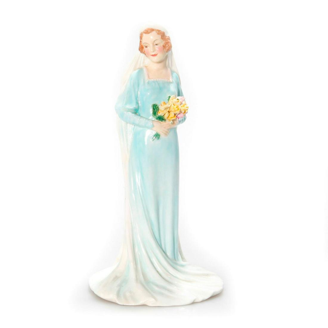 RARE ROYAL DOULTON ART DECO FIGURINE, THE BRIDE HN1841: Leslie Harradine model with lustre of robins egg blue, cream. A rare Art Deco model by Leslie Harradine with a delicate lustre of robins egg blue and cream and hand decorated with a rich bouquet of su