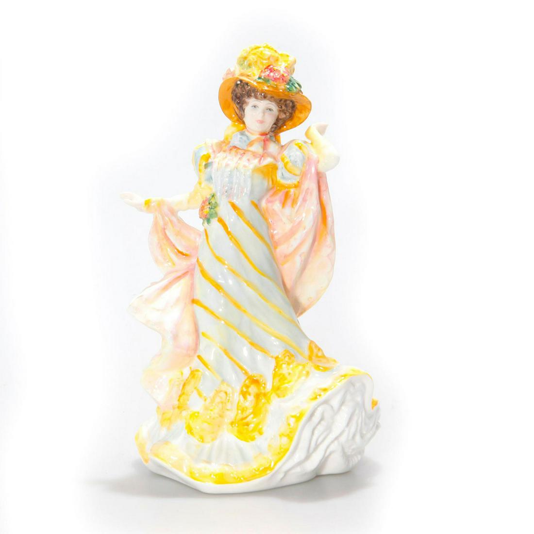 ROYAL DOULTON FIGURINE, FLOWERS OF LOVE PRIMROSE HN3710: Lustre of yellow, pink, cream. Signed by Michael Doulton. An Edwardian lady modeled in lustrous pastels by artist Valerie Annand. ROYAL DOULTON backstamp. Artist: Valerie Annand Issued: c. 1997 Dimens