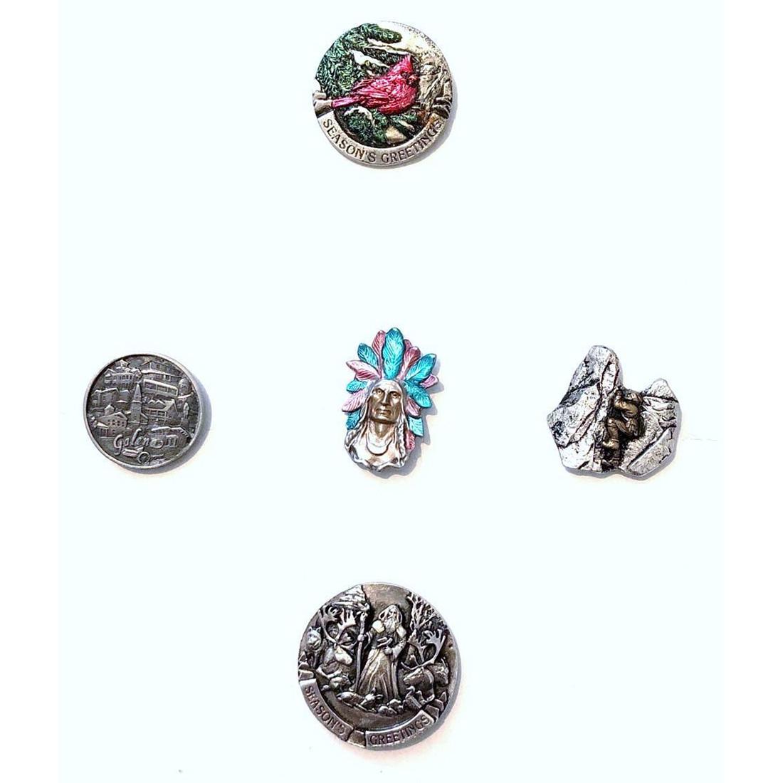 FIVE FACE SHANKED BATTERSEA PEWTER BUTTONS: Five medium size various design Battersea pewter buttons The face shank on these buttons depict Daniel Baughman who along with his wife Kathy own and operate the Battersea Pewter company in Wisconsin.