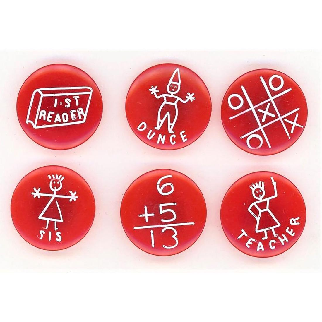 A SET OF 6 RED BAKELITE BUTTONS KNOWN AS THE SCHOOL SET: 6 medium buttons with engraved designs called the "School Set" These red examples were also made in black. The engraved part is filled in with paint DF. The red set seems harder to find than the black