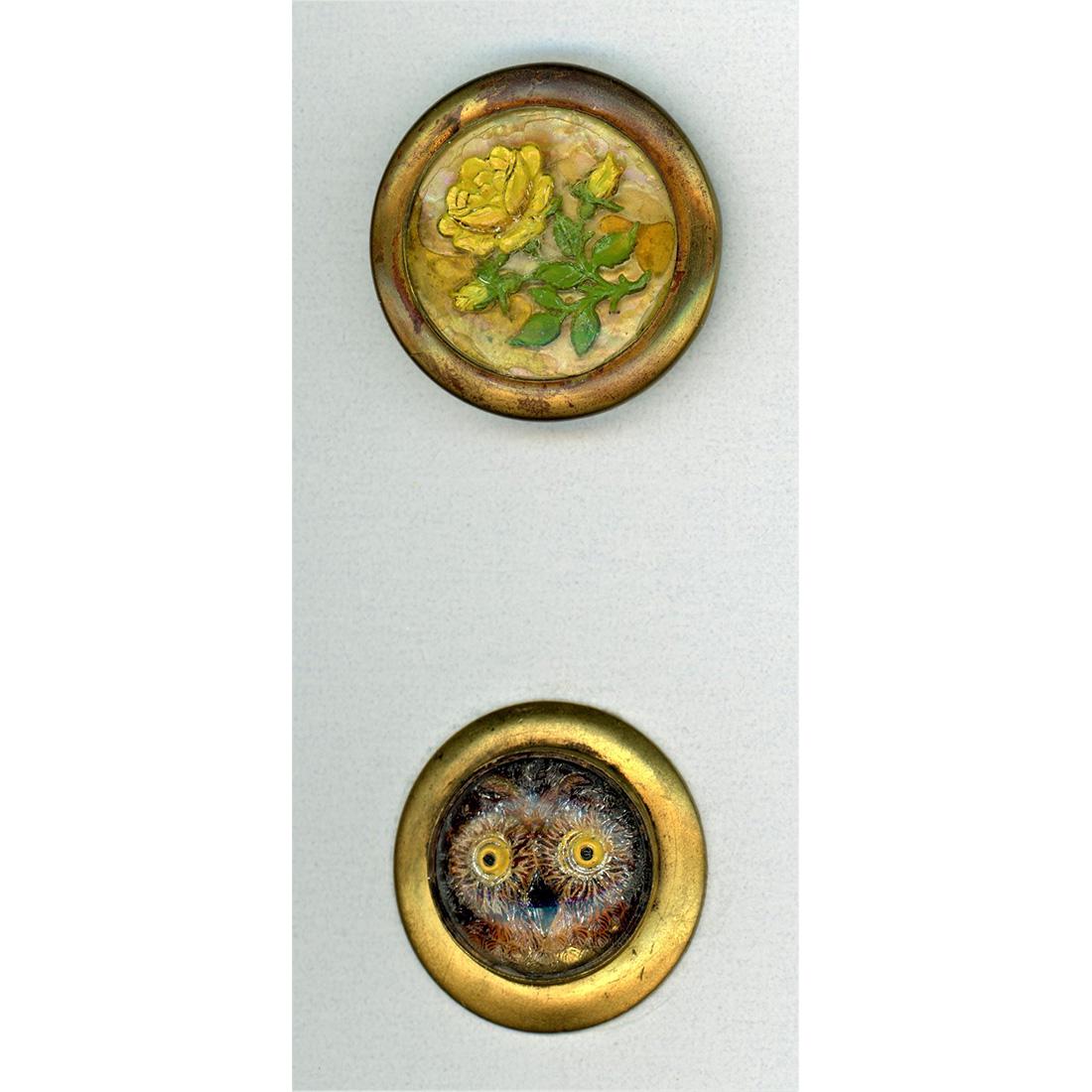TWO DIVISION 1 REVERSE INTAGLIO HAND PAINTED BUTTONS: 2 large design under glass reverse intaglio painted buttons. These include a wonderful Owl head and a bouquet of yellow roses. These are appropriate on several competition trays including a glass moun