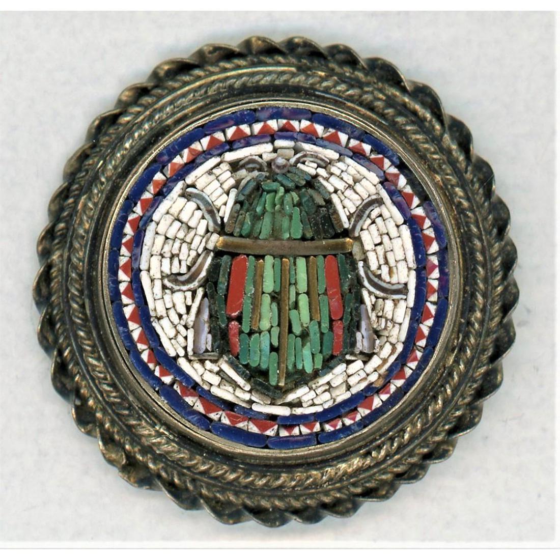 ONE DIV. 1 SCARCE AND BEAUTIFUL MOSAIC SCARAB BUTTON: 1 medium size multi colored micro mosaic button. This example is one of those hard to find sought after examples. These insect and scarabs are not plentiful. Similar to examples pictured in the button