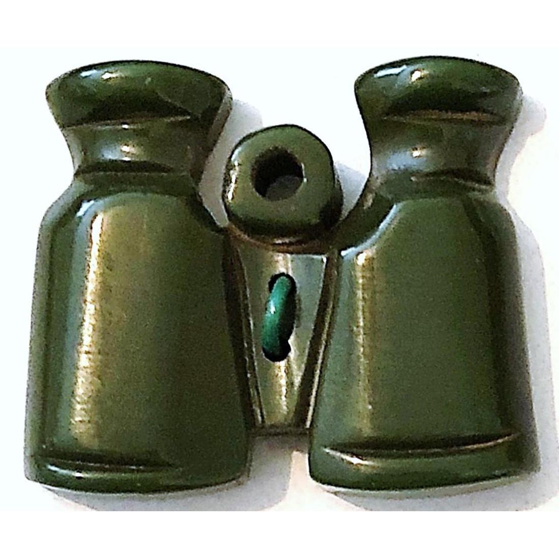 1 DIVISION 3 CHUNKY BAKELITE SEW THRU BINOCULARS BUTTON: A large Army green sew thru realistic chunky Bakelite button. This example is very cool depicting a pair of Binoculars, unfortunately you can see through the lenses.