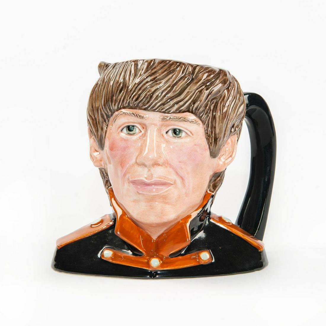 ROYAL DOULTON PROTOTYPE CHARACTER JUG, GEORGE HARRISON: Colorway trial, black tunic, orange epaulettes. American Toby Jug Museum. #RoyalDoulton #CharacterJugs #TobyJugs #TheBeatles #RingoStarr #Colorway #Prototype #BritishCeramics Artist: Stanley J Taylor