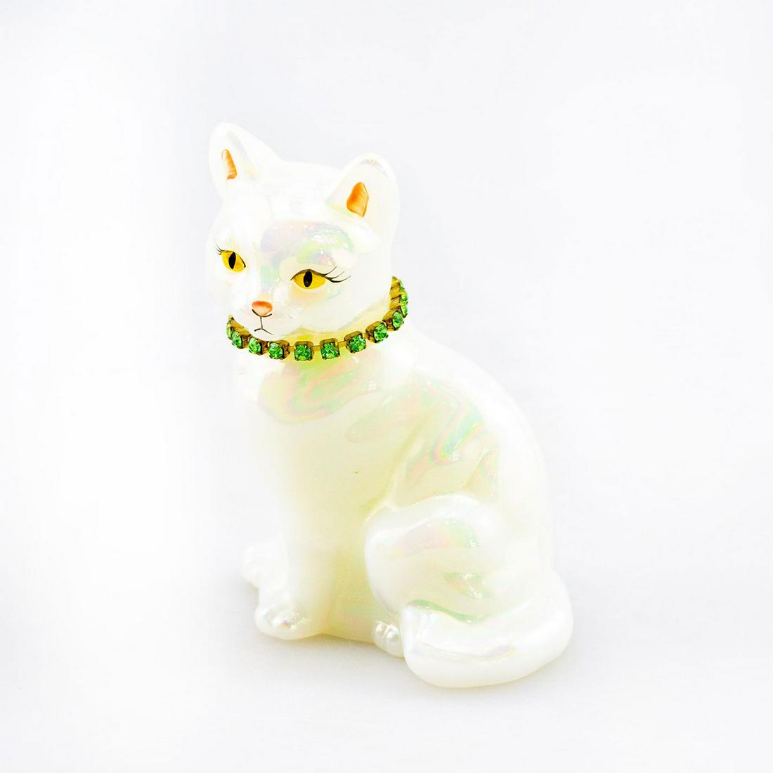 FENTON GLASS PAPERWEIGHT KITTEN WITH BIRTHSTONE: August peridot neckless. Signed by artist. Issued: 20th C. Dimensions: 4" tall Manufacturer: Fenton Country of Origin: United States