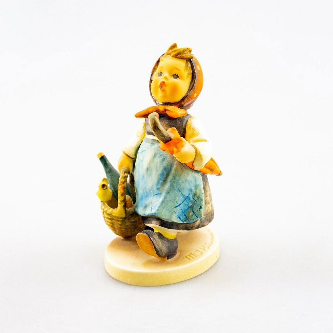 GOEBEL HUMMEL FIGURINE, VISITING AND INVALID #382: A plucky girl is sent to deliver a basket to a compromised person. Artist: Goebel Issued: 1971 Dimensions: 5.5"H Country of Origin: Germany
