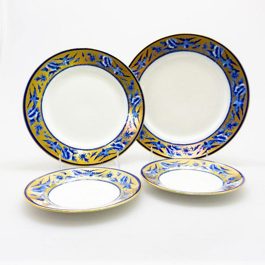 SHELLEY BONE CHINA ART NOUVEAU PLATES, BLUE SWALLOWS: Rare Edwardian LATE FOLEY era dish group, with encircling Blue Swallows pattern to rim, gilding. SHELLEY CHINA ENGLAND backstamp, with additional LATE FOLEY mark to one. #ShelleyBoneChina #BritishCera