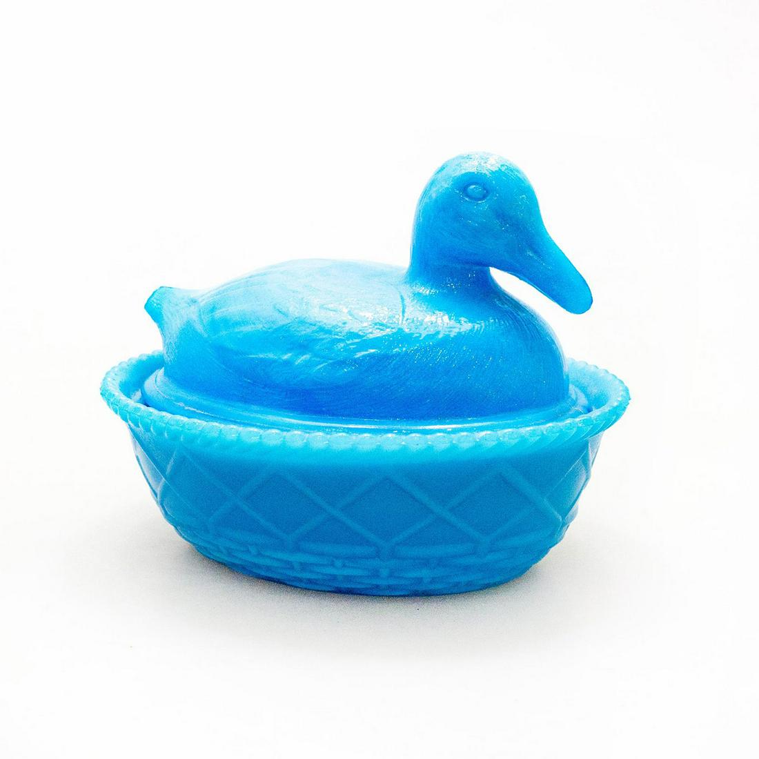 VINTAGE BLUE MILK GLASS COVERED DISH, DUCK MOTIF (1 of 4)