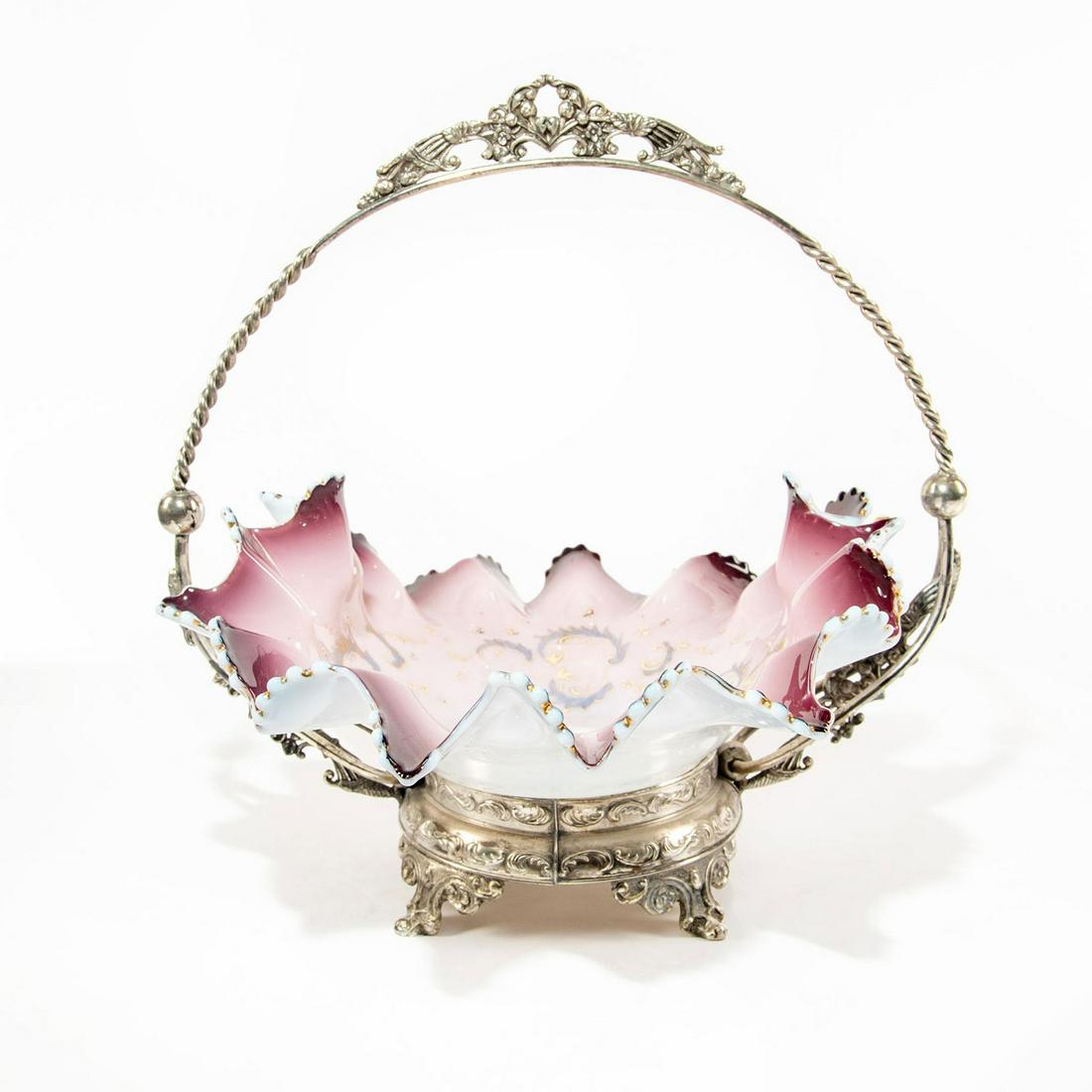 VICTORIAN GLASS BRIDES BASKET IN SILVER PLATED STAND (1 of 3)