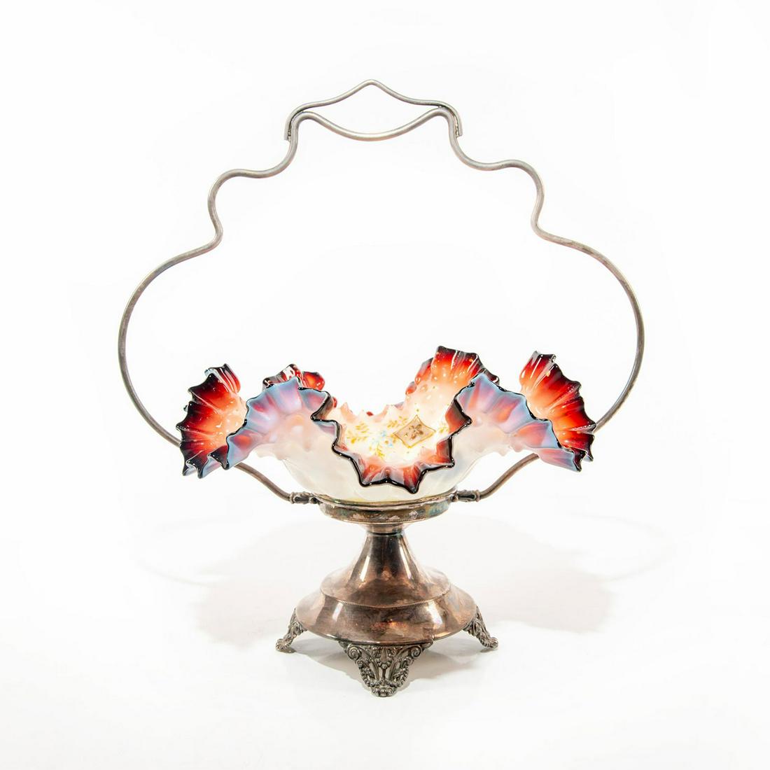 VICTORIAN ART GLASS BRIDES BASKET ON SILVER PLATED (1 of 4)