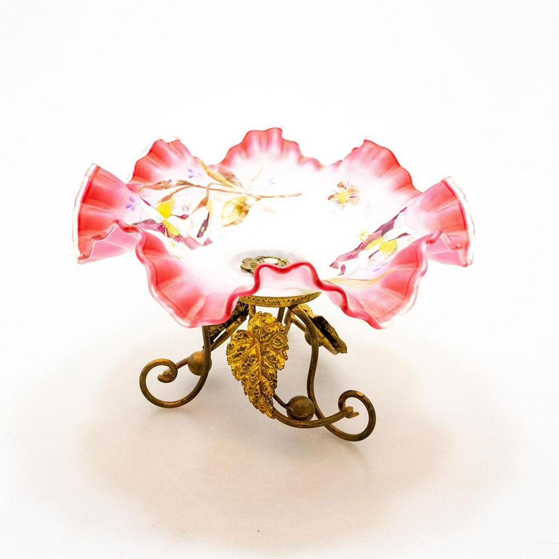 VICTORIAN ART CRANBERRY GLASS BRIDE'S BASKET ON STAND (1 of 3)