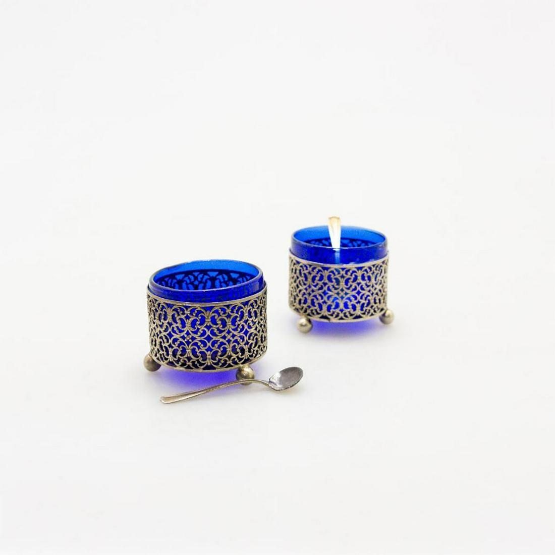ANTIQUE COBALT BLUE GLASS SALT CELLARS, SILVER FILIGREE (1 of 3)