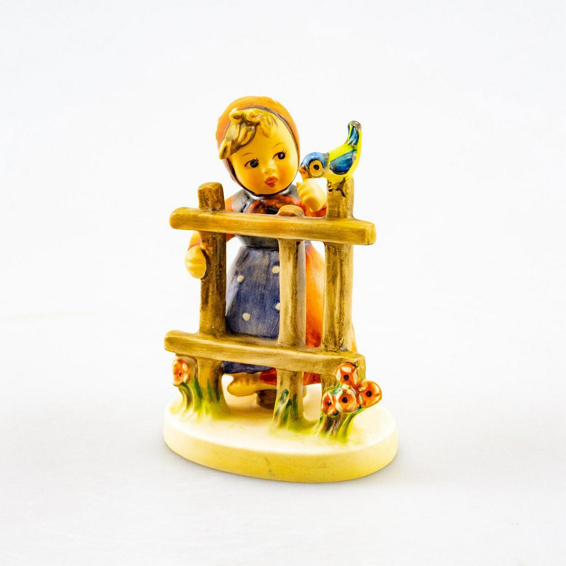 Goebel Hummel Figurine Signs Of Spring 203: Girl talking to bird. Goebel backstamp. Issued: 20th C. Dimensions: 4" tall Manufacturer: Goebel Hummel Country of Origin: Germany