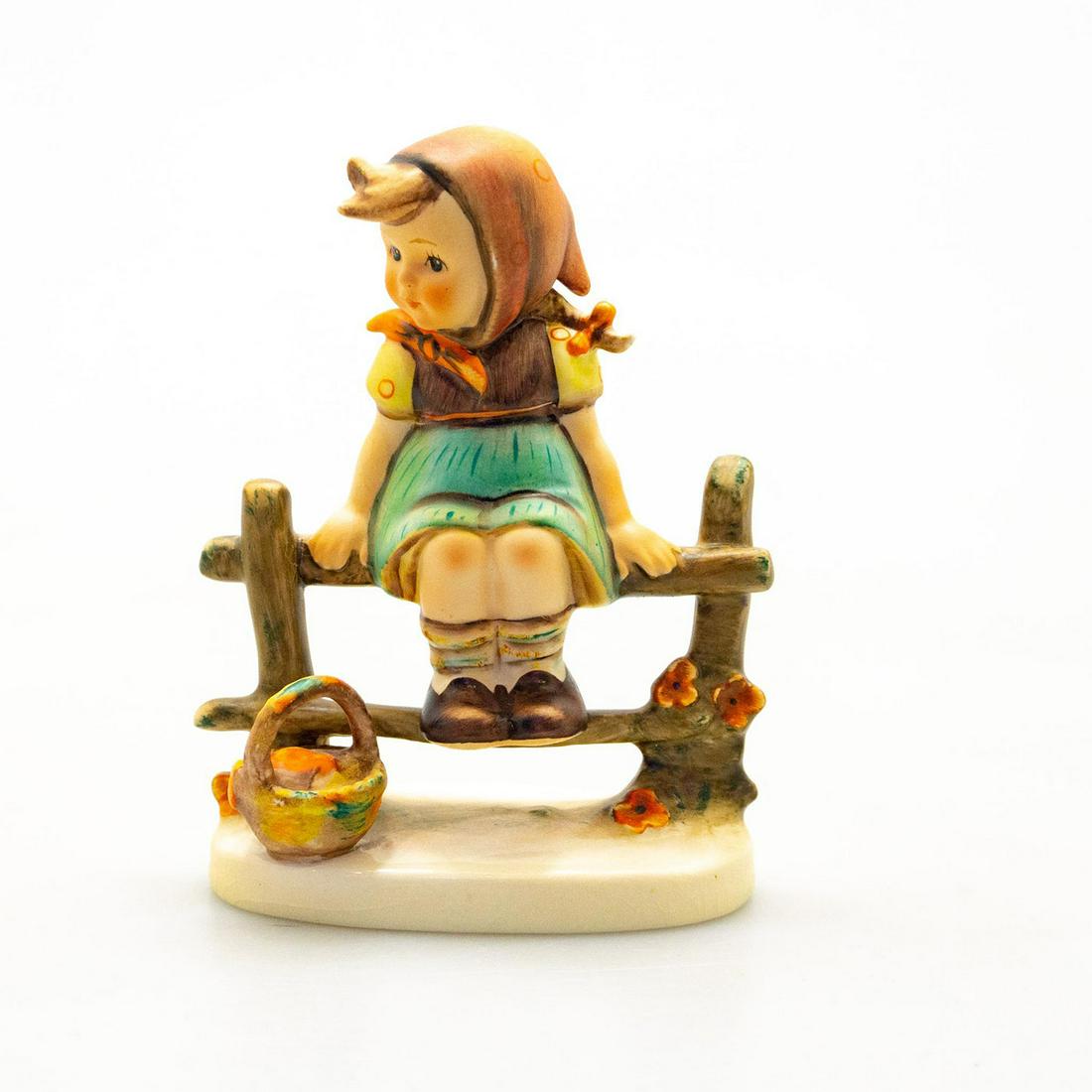 Goebel Hummel Figurine, Just Resting 112: Hand crafted; hand painted. Young girl resting on a fence. Goebel backstamp. Crazing to body. Artist: M. I. Hummel Issued: 20th c. Dimensions: 5"H Manufacturer: Goebel Country of Origin: Germany