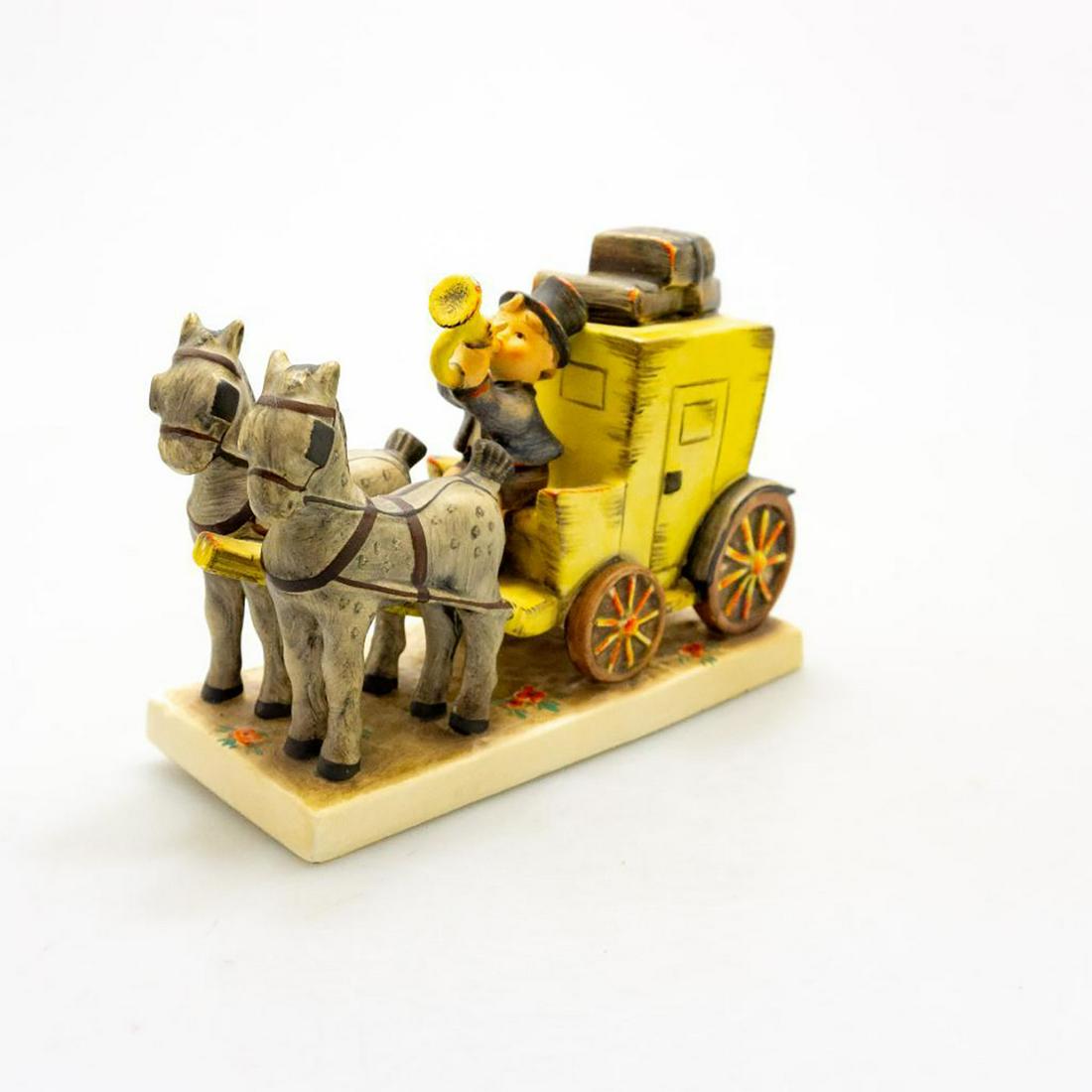 Vintage Goebel Hummel Figurine, The Mail Is Here #226: Horse-drawn carriage with lad blowing a horn to announce his arrival with the mail. Issued: 1958 Manufacturer: Goebel Country of Origin: Germany