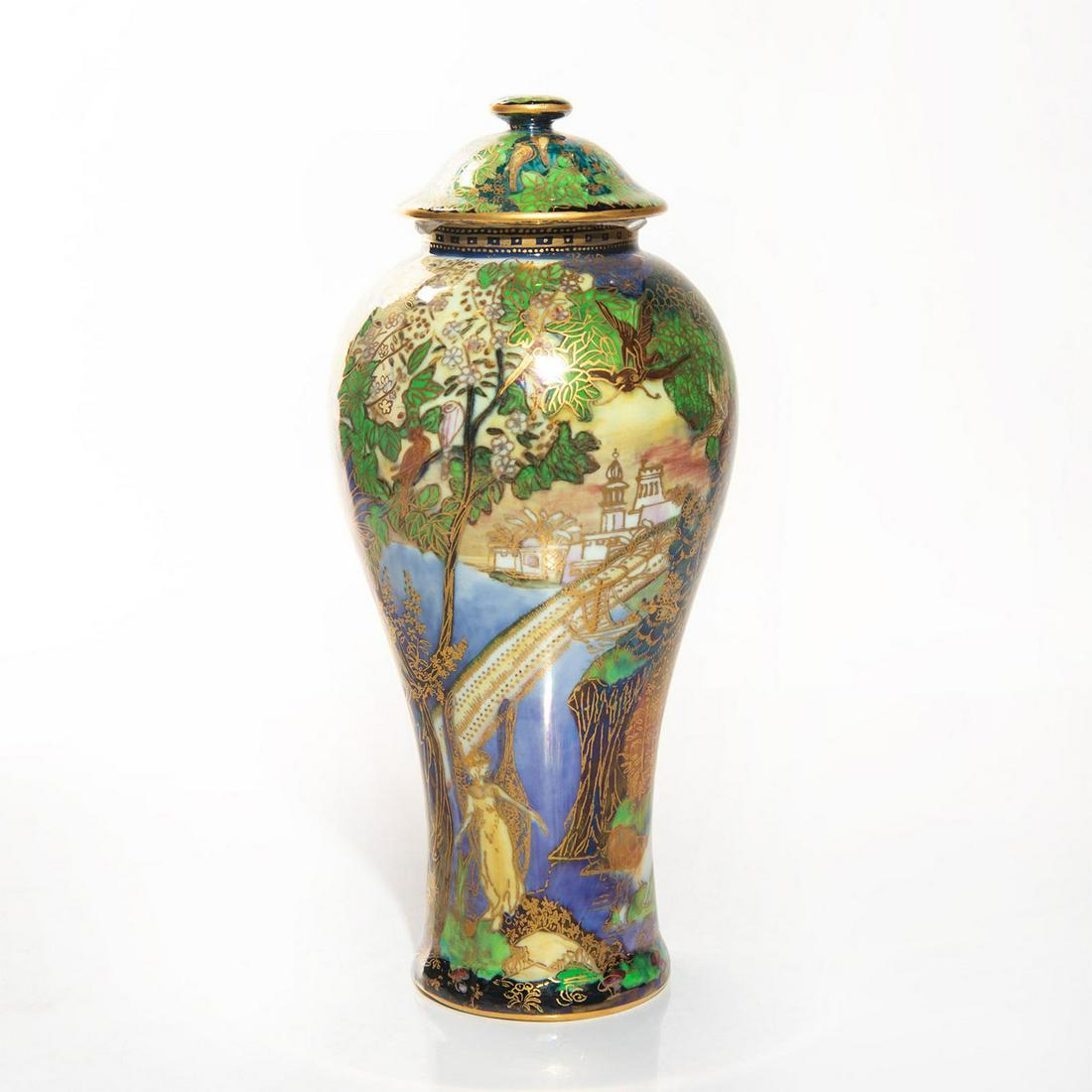 Wedgwood Fairyland Lustre Meiping Vase, Woodland Bridge: Lidded. Encircling forest, elves, and fairies. Profuse gilt. #Wedgwood #BritishCeramics #DaisyMakeigJones #FairylandLustre #ArtNouveau Artist: Daisy Makeig Jones Issued: c. 1920 Dimensions: 9"H x 3.75