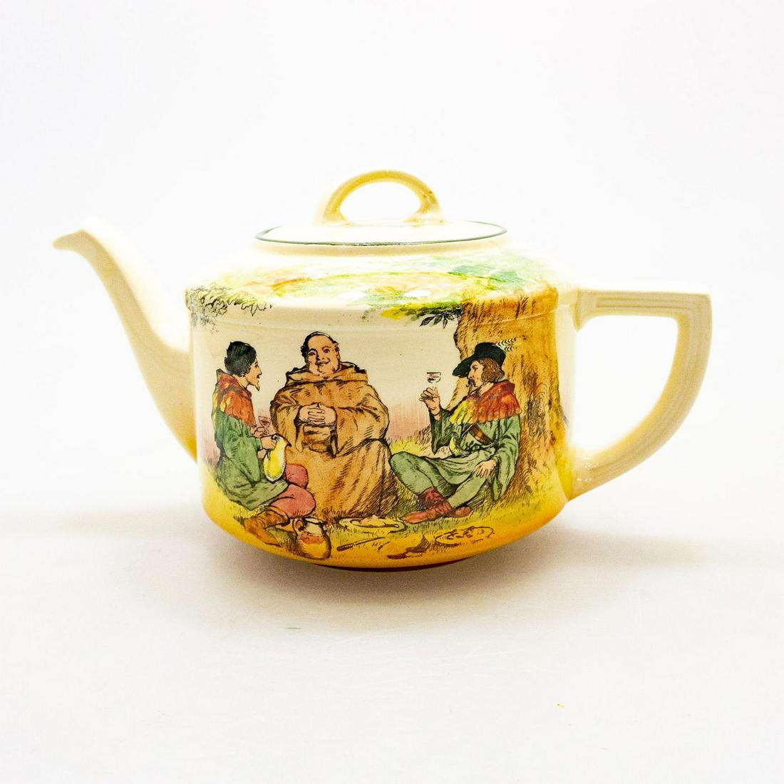 Royal Doulton Under The Greenwood Tree Teapot D6094: Robin Hood, Little John and Friar Tuck under the tree; Seriesware ceramic piece. Royal Doulton backstamp. Issued: 20th c. Dimensions: 6"H x 9.5"W Country of Origin: England Manufacturer: Royal Doulton
