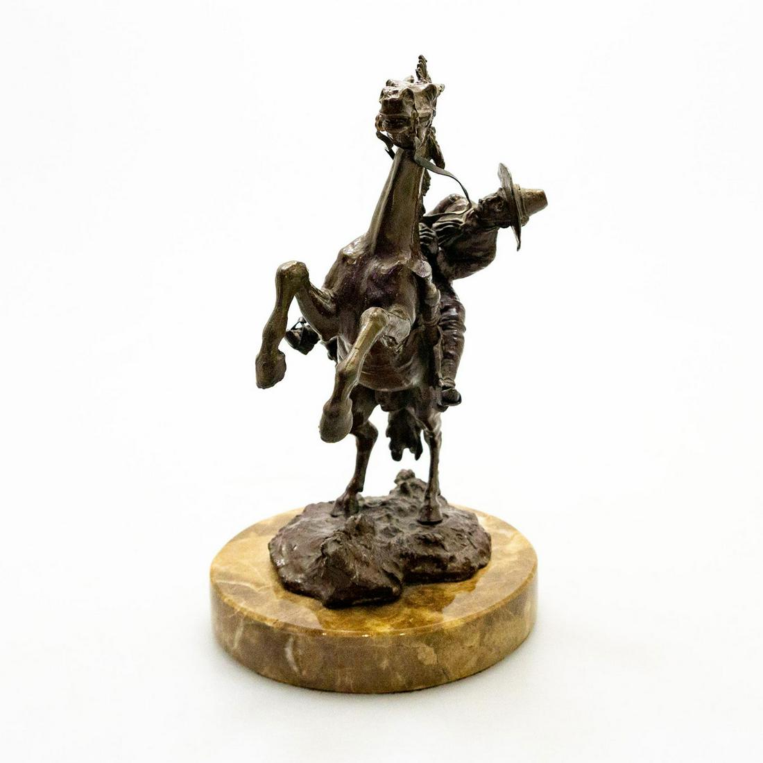 Bronze Sculpture, Bronco Buster Cowboy Horseman, Carl: A finely detailed horse rider on a marble base, possibly after Remington. An early 20th century bronze Americana sculpture by Austrian artist Carl Kauba (1865-1922), artist signed to bronze base. A co