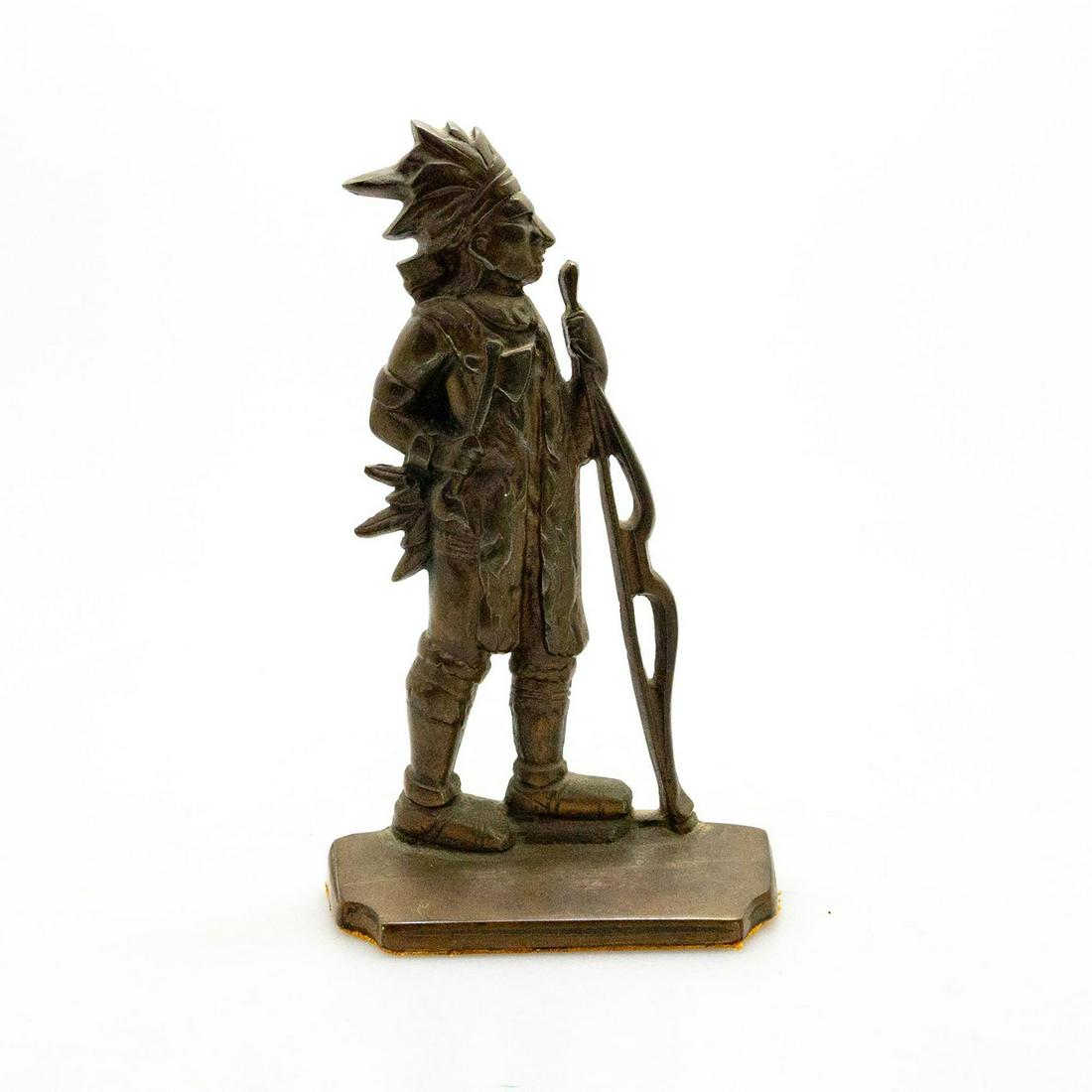 Art Deco Pot Metal Bronze Indian Chief Bookend Doorstop: Antique rich brown patina, in the popular 1930s motif of an Indian Chief. Raised foundry stamp. An Art Deco bronze bookend or doorstop modeled as a Native American chief standing in profile. Raised JP
