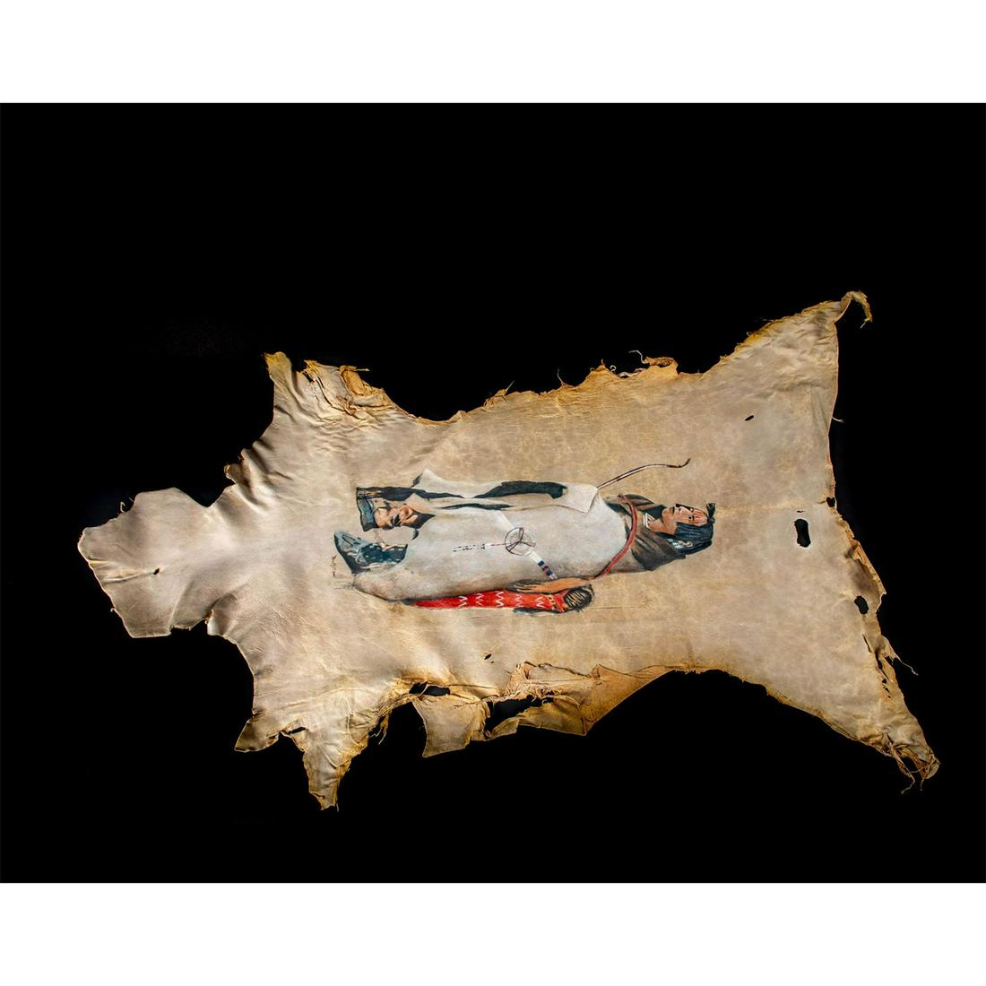 Don Matteson Native American Painting On Deerskin: After original painting by Karl Bodmer; oil on deerskin by Matteson. Artist: Donald Matteson Issued: 20th c. Dimensions: 59"L x 36.5"W Country of Origin: United States