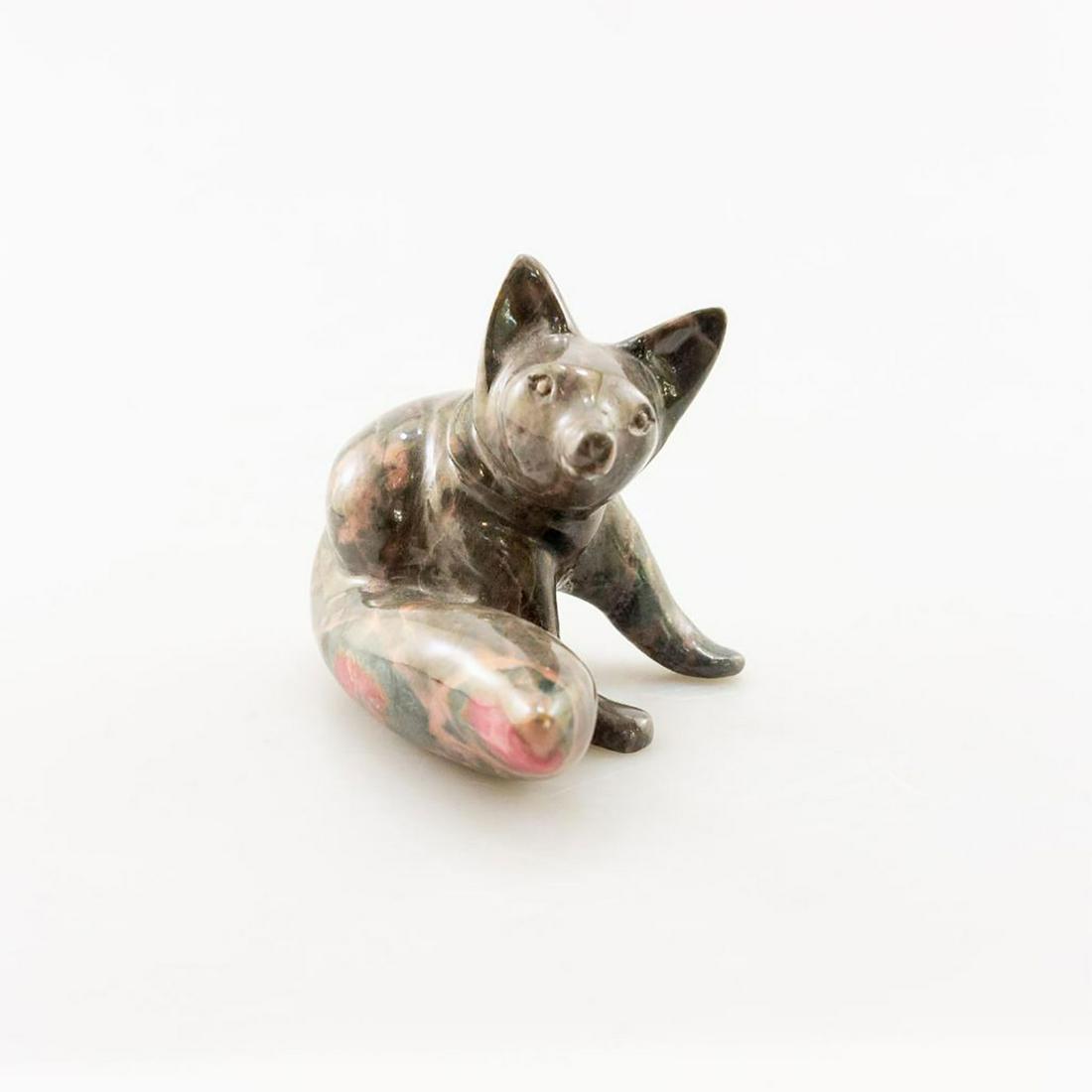 Inuit Soapstone/Regional Stone Figurine Sculpture, Fox: Hand carved gray stone with green, pink, violet inclusions. A whimsical Native Canadian sculpture modeled as a baby fox, with striking colors. #InuitCarving #NativeArt #NativeCanadians #Soapstone #Ser