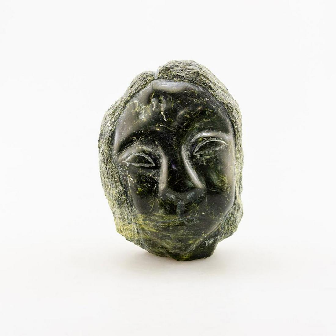 Inuit Soapstone/Regional Stone Figurine Sculpture,: Hand carved deep green stone with olive, white, and other inclusions. Profuse incised carved details inform her kind features. #InuitCarving #Sculpture #NativeArt #NativeCanadians #Soapstone #Serpenti