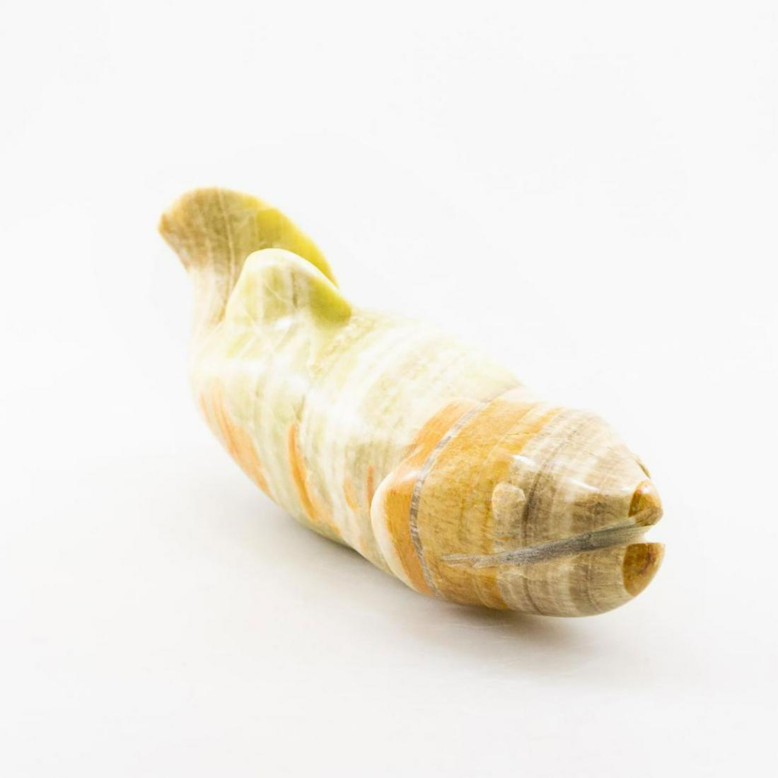 Inuit Soapstone/Regional Stone Figurine Sculpture,: Hand carved alabaster stone with striking pink, green, cream. #Sculpture #InuitArt #NativeArt #NativeCanadians #Soapstone #Serpentine #Serpentinite Artist: R. Nicolas Dimensions: 6.5"H x 12"L Country 