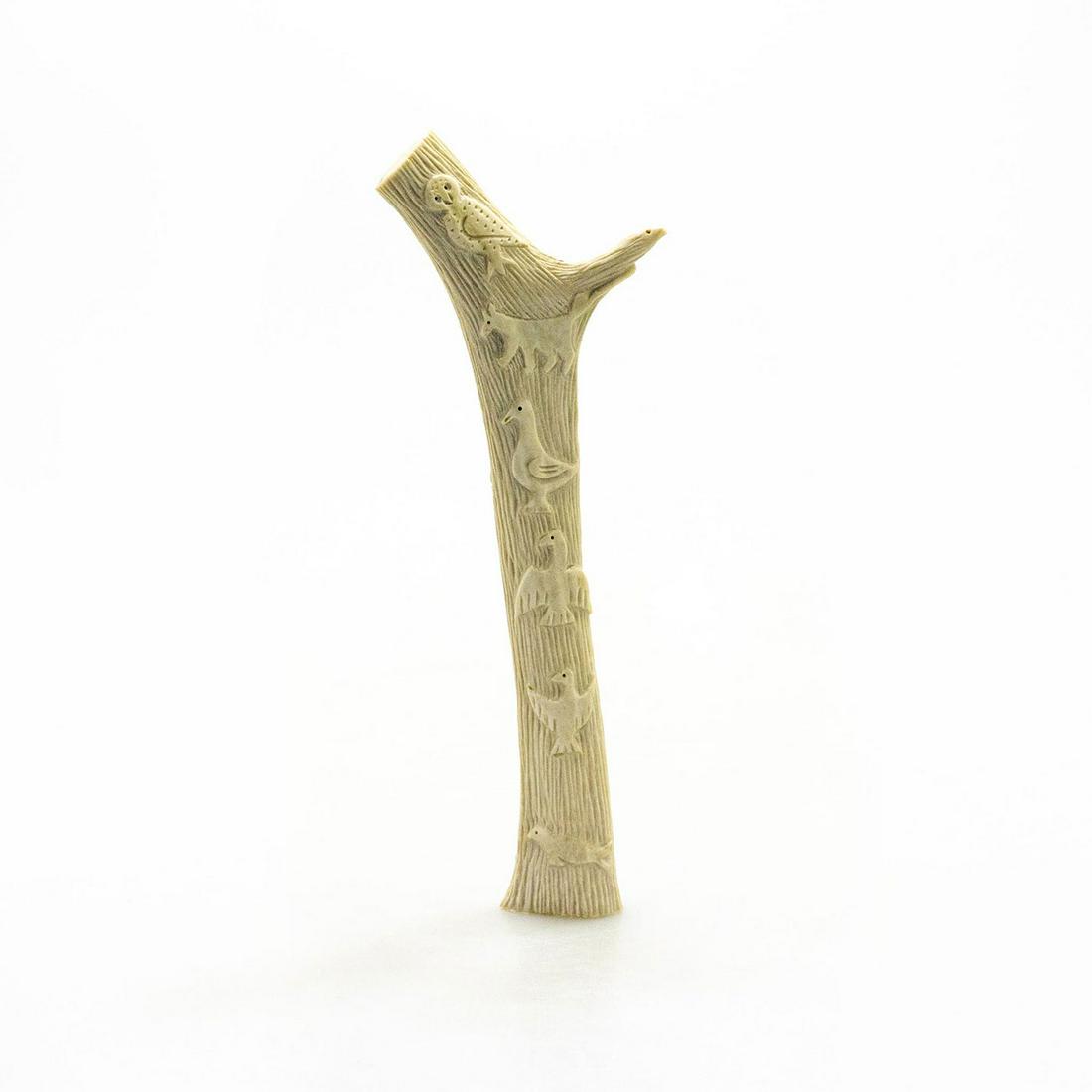 Inuit Tribal Caribou Antler Sculpture, Animals & Hunter: Hand carved in naturalistic materials, relief images of birds, walruses, seals, and a native hunter. Exquisitely detailed caribou antler carving, with 12 individual images in relief.#InuitArt #EskimoA