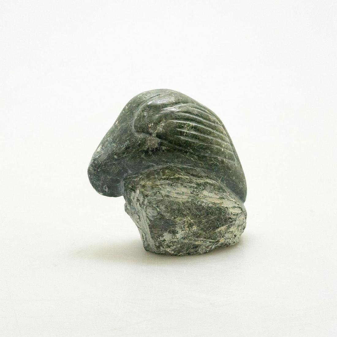 Inuit Tribal Soapstone/Regional Stone Figure Sculpture,: Hand carved gray green stone in a primitivistic style. An Inuit hand carved soapstone figurine of a bird perched on a rock, produced in a primitivistic style with incised details.#Sculpture #InuitArt 