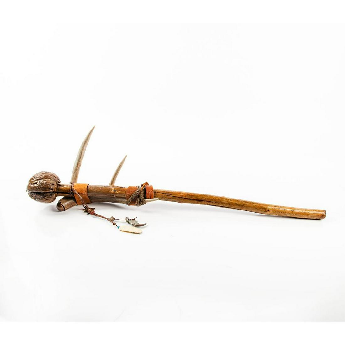 Inuit Tribal Carved Shaman Medicine Stick: A striking native artifact, with caribou antler, turquoise, bear claw, silver, and other naturalistic materials. Exemplary in size and form, with natural stone and other highlights.#NativeArt #Medicin
