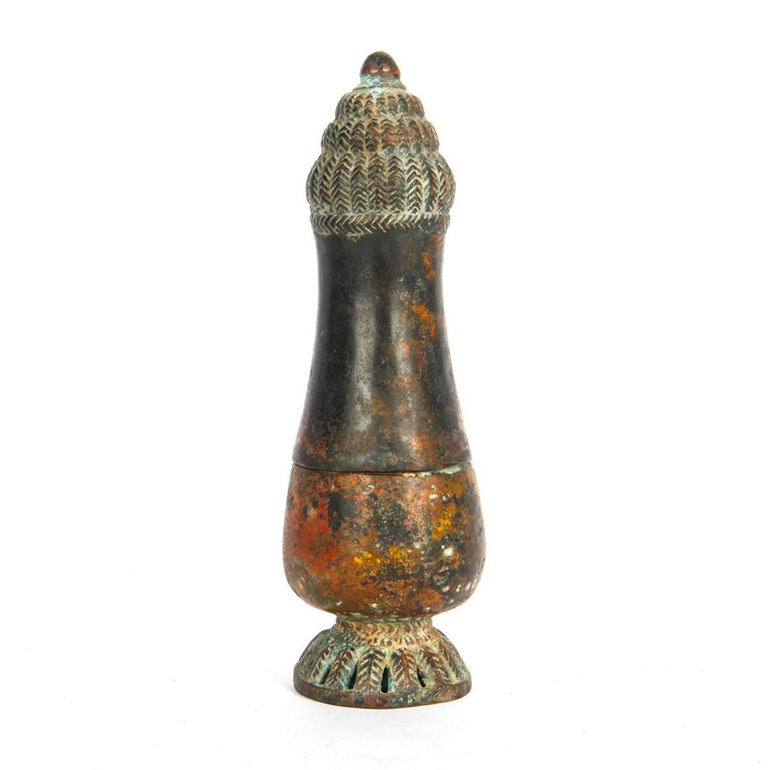 16Th C. Cambodian Lost Wax Casting, Bronze Incense: Bronze incense burner, incised lid and base, approx. 500 years old. Weight is 712.5 grams. Issued: 16th c. Dimensions: 9"H Country of Origin: Cambodia Provenance: Collection of John R. Lanzendorf Prov