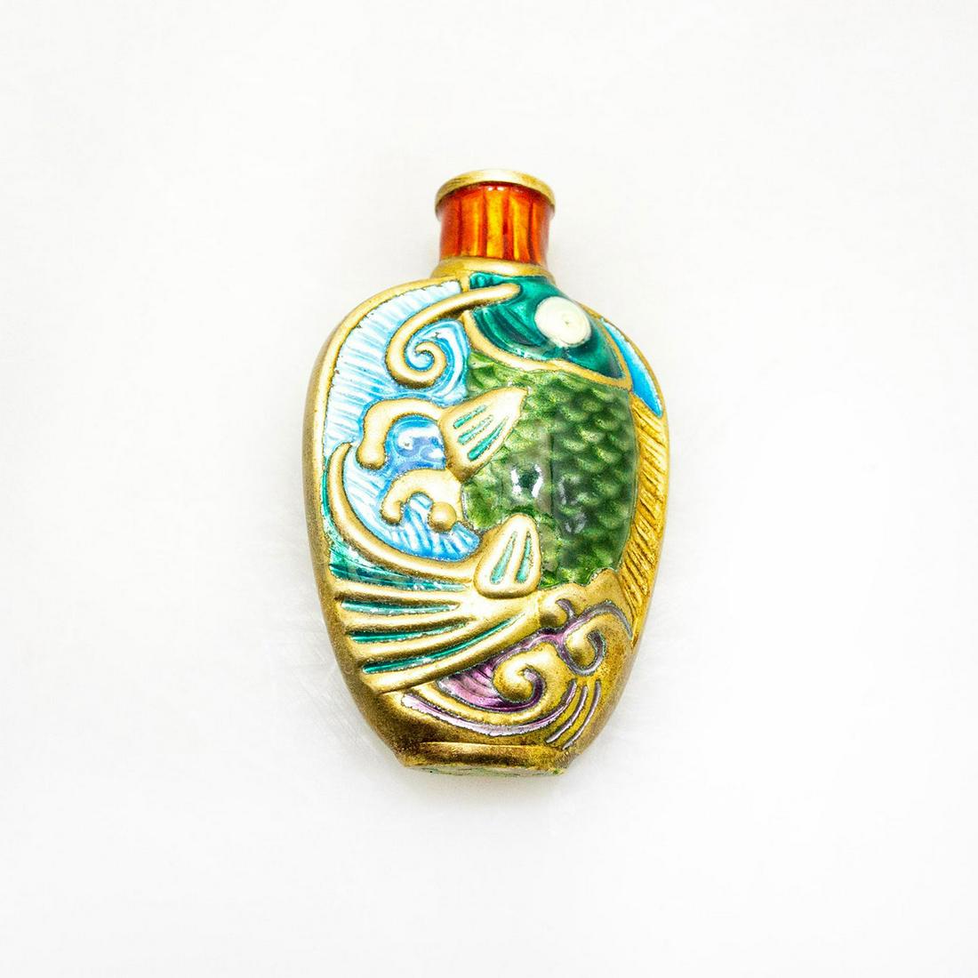 Chinese Vintage Snuff Bottle, Fish Of Abundance: Relief decoration, an allegorical carp of good fortune in cobalt blue, green, red and gilding. #SnuffBottles #VintageSnuffBottles #Tobacciana #Yu #Abundance #Carp Issued: c. 1970 Dimensions: 2.75"H x
