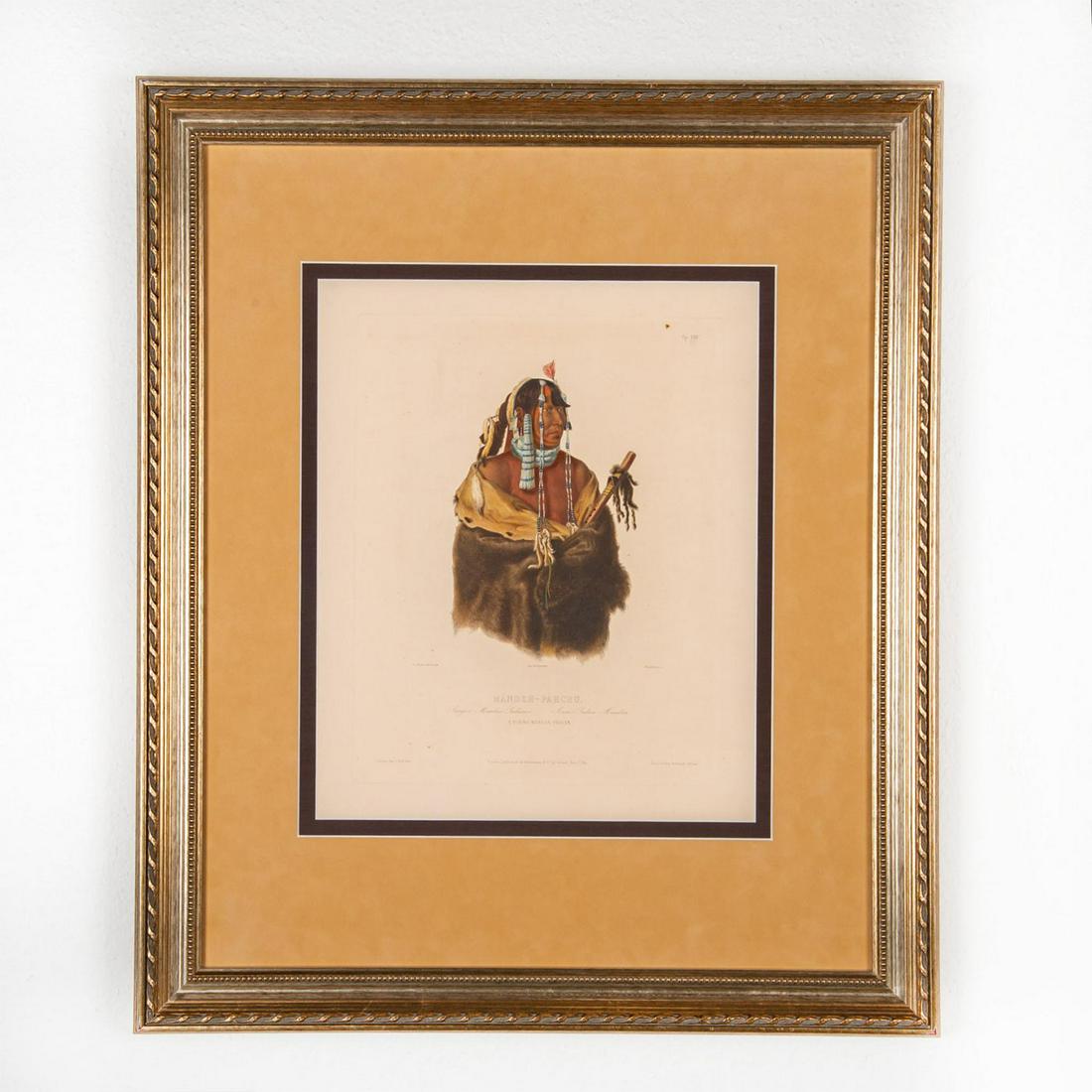 Framed Print, Mandeh-Pahchu A Young Mandan Indian: Hand colored aquatint engraving by Johann Hurlimann after Karl Bodmer (1809-1893). Vig XXIV. Blind Stamp in lower center. Issued: c. 1840 Dimensions: 27"H x 22.5"L, framed Country of Origin: England