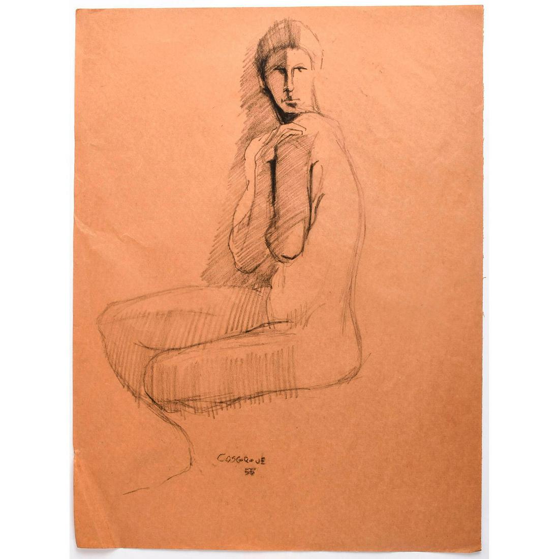 Expressionist Sketch On Paper By Stanley Morel Cosgrove: Artist signed and dated. A modernist nude female in charcoal. A paper sketch in black of a nude woman, signed and dated by Canadian Expressionist painter, draughtsman, and muralist Stanley Morel Cosgr