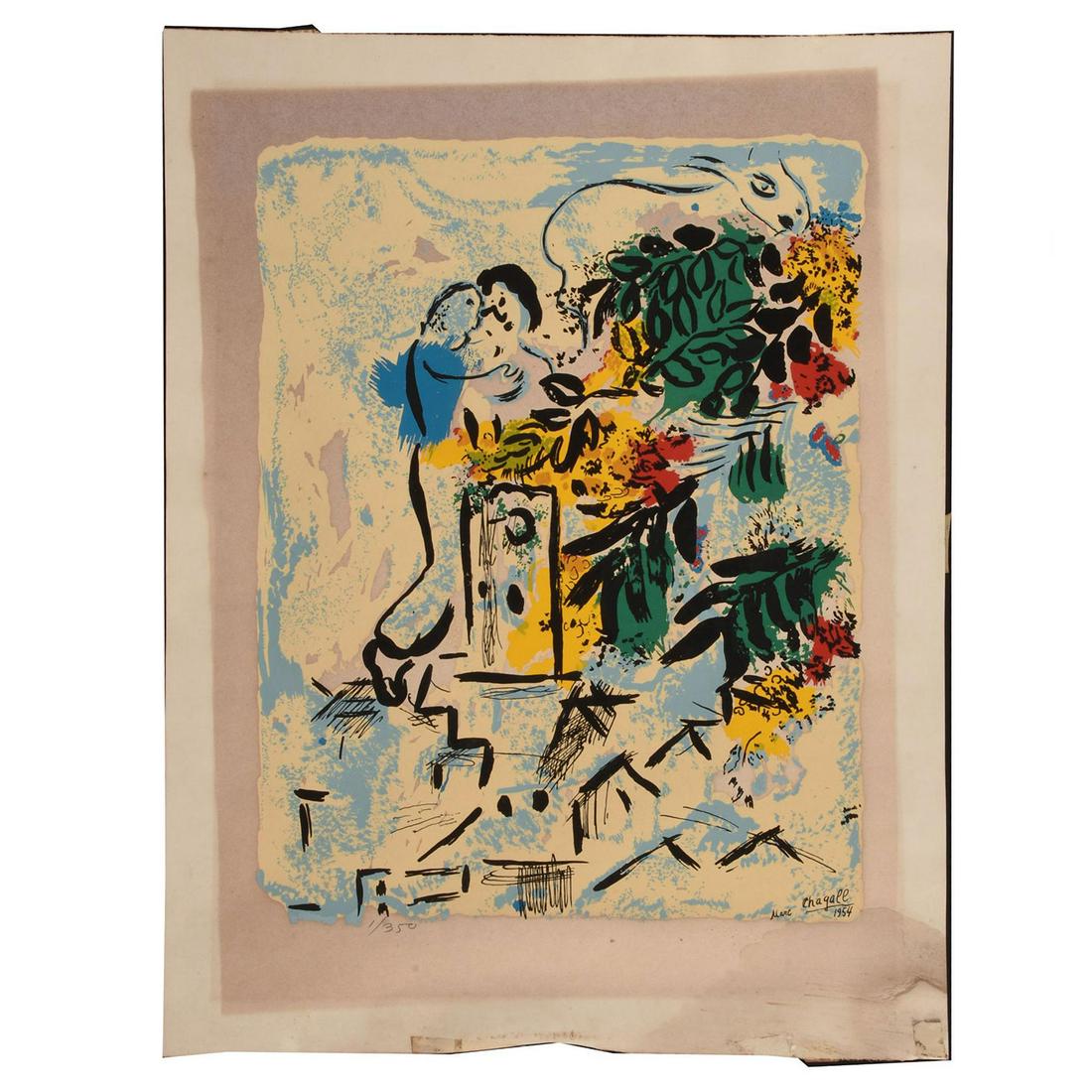 Marc Chagall Lithograph Print 1954 Vence 1/350: Limited edition. Signed lower right. Numbered lower left. Signs of sun damage and water damage to right corner. Artist: Marc Chagall Issued: 1954 Dimensions: 20"H x 16"W Edition Number: 1 Edition Size