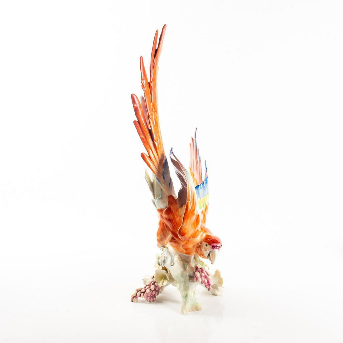 Rare Lorenz Hutschenreuther Selb Parrot Porcelain: Large Lorenz Hutschenreuther Selb parrot porcelain was created with the rare perception of dimensional beauty by the famed European artist Hans Archtziger. The gorgeous parrot has an orange red feathe