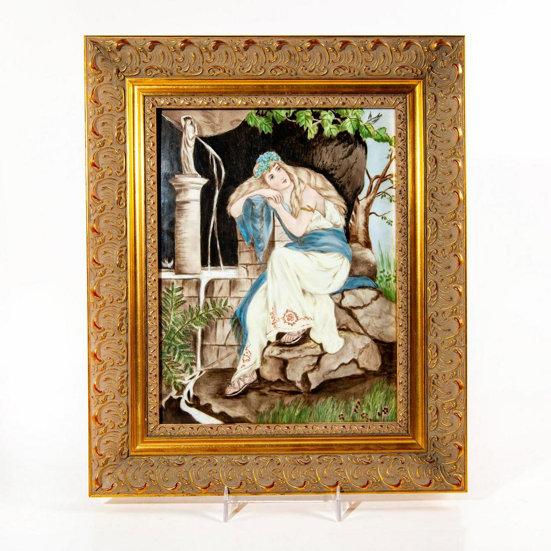 Giltwoood Framed Kpm Porcelain Plaque, Greek Maiden: Hand painted. Impressed K.P.M and sceptre mark, 255 195 on the back. Tile (9"H x 7.5"W), Frame (13.25"H x 10.75"W). Hanging hardware. Issued: 1837-1844 Manufacturer: KPM Country of Origin: Germany