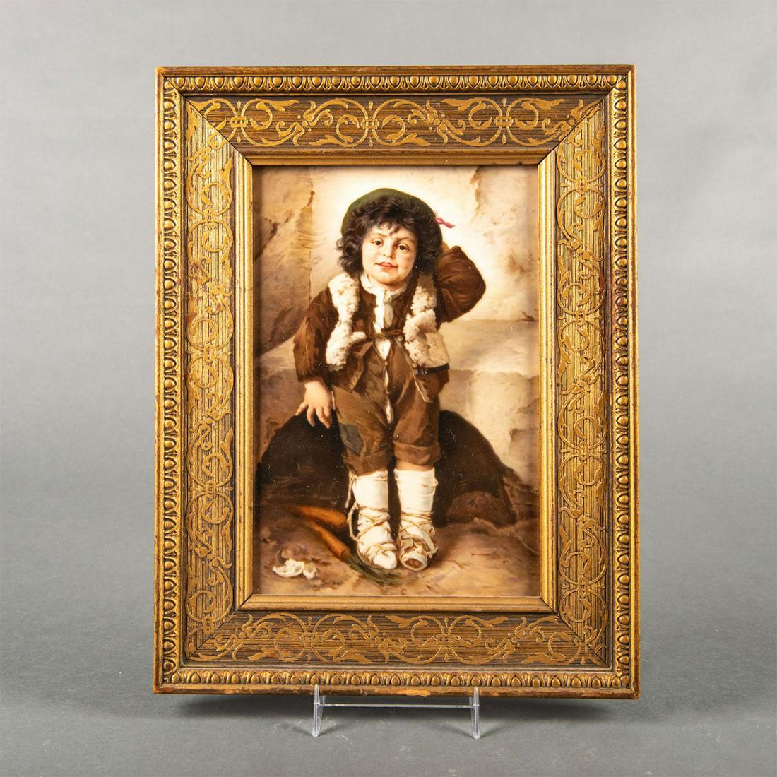 Kpm Porcelain Plaque, Little Shepherd Boy: Finely painted plaque depicts young boy. Piece captures the innocence of the child. Incised KPM mark on the underside. Housed in a carved gilt wood frame. Issued: 20th c. Dimensions: 13"H x 10"W Manuf